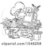 Cartoon Black And White Outline Design Of A Woman Working In Her Pjs In Her Cluttered Home Office