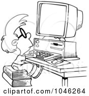 Cartoon Black And White Outline Design Of A Smart Boy Using A Computer