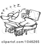 Royalty Free RF Clip Art Illustration Of A Cartoon Black And White Outline Design Of A School Boy Sleeping On His Desk