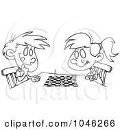 Poster, Art Print Of Cartoon Black And White Outline Design Of A Boy And Girl Playing Chess