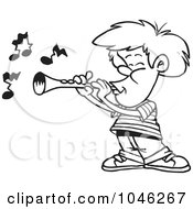 Poster, Art Print Of Cartoon Black And White Outline Design Of A Boy Playing A Clarinet