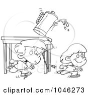 Cartoon Black And White Outline Design Of A Boy And Girl Running And Knocking Over A Coffee Pot