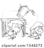 Poster, Art Print Of Cartoon Black And White Outline Design Of A Boy And Girl Running And Knocking Over A Coffee Pot