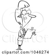 Royalty Free RF Clip Art Illustration Of A Cartoon Black And White Outline Design Of A Female Supervisor Using A Clip Board