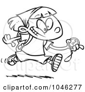 Poster, Art Print Of Cartoon Black And White Outline Design Of A Hiker Girl Running With A Compass