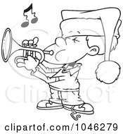 Poster, Art Print Of Cartoon Black And White Outline Design Of A Boy Playing Christmas Music On A Trumpet