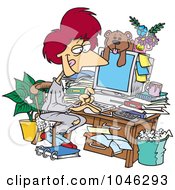 Cartoon Woman Working In Her Pjs In Her Cluttered Home Office