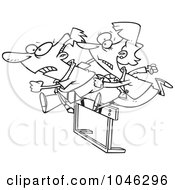 Poster, Art Print Of Cartoon Black And White Outline Design Of A Racing Business Man And Woman Jumping Over A Hurdle