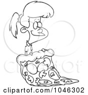 Royalty Free RF Clip Art Illustration Of A Cartoon Black And White Outline Design Of A Girl With A Giant Pizza Slice