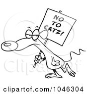 Royalty Free RF Clip Art Illustration Of A Cartoon Black And White Outline Design Of A Mouse Carrying A No To Catz Sign by toonaday