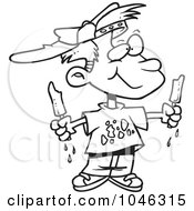 Royalty Free RF Clip Art Illustration Of A Cartoon Black And White Outline Design Of A Messy Boy Eating Popsicles