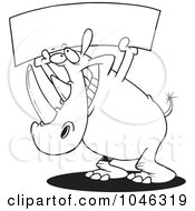 Poster, Art Print Of Cartoon Black And White Outline Design Of A Rhino Holding Up A Blank Banner