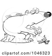 Royalty Free RF Clip Art Illustration Of A Cartoon Black And White Outline Design Of A Cold Polar Bear By A Fire