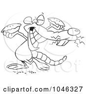 Royalty Free RF Clip Art Illustration Of A Cartoon Black And White Outline Design Of A Rat Holding Up Pies by toonaday