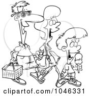 Royalty Free RF Clip Art Illustration Of A Cartoon Black And White Outline Design Of A Family Going On A Picnic