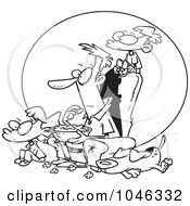 Royalty Free RF Clip Art Illustration Of A Cartoon Black And White Outline Design Of A Father And Kids Watching A Movie