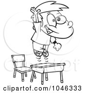 Poster, Art Print Of Cartoon Black And White Outline Design Of A School Boy Jumping Over His Desk