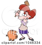 Royalty Free RF Clip Art Illustration Of A Cartoon Businesswoman Breaking A Piggy Bank by toonaday