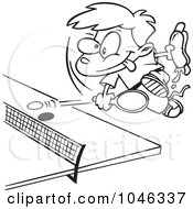 Royalty Free RF Clip Art Illustration Of A Cartoon Black And White Outline Design Of A Boy Holding A Hot Dog And Playing Ping Pong