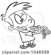 Royalty Free RF Clip Art Illustration Of A Cartoon Black And White Outline Design Of A Boy Eating Pizza