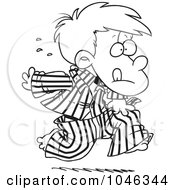 Poster, Art Print Of Cartoon Black And White Outline Design Of A Boy Running In His Pajamas