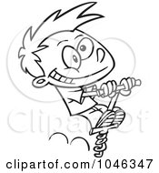 Cartoon Black And White Outline Design Of A Boy Using A Pogo Stick