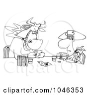 Poster, Art Print Of Cartoon Black And White Outline Design Of A Cowboy And Bull Playing Poker
