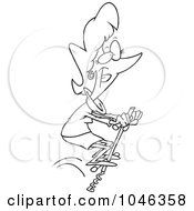 Cartoon Black And White Outline Design Of A Businesswoman Jumping On A Pogo Stick