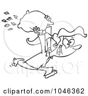 Royalty Free RF Clip Art Illustration Of A Cartoon Black And White Outline Design Of A Girl Starting A Pillow Fight
