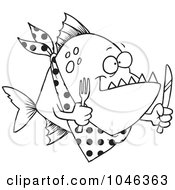 Poster, Art Print Of Cartoon Black And White Outline Design Of A Hungry Piranha Fish