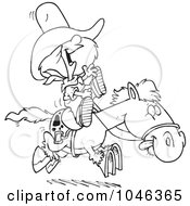 Royalty Free RF Clip Art Illustration Of A Cartoon Black And White Outline Design Of A Cowgirl Riding A Pony