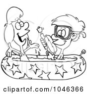 Poster, Art Print Of Cartoon Black And White Outline Design Of A Boy And Girl Playing In A Kiddie Pool