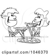 Royalty Free RF Clip Art Illustration Of A Cartoon Black And White Outline Design Of A Couple Of Kids Sharing Pizza