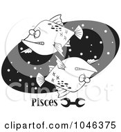 Poster, Art Print Of Cartoon Black And White Outline Design Of A Pisces Astrology Fish Over A Black Oval