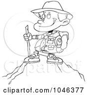 Poster, Art Print Of Cartoon Black And White Outline Design Of A Boy On Top Of A Mountain