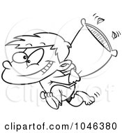 Royalty Free RF Clip Art Illustration Of A Cartoon Black And White Outline Design Of A Boy Starting A Pillow Fight