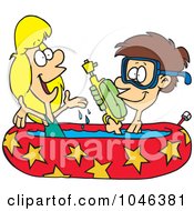 Poster, Art Print Of Cartoon Boy And Girl Playing In A Kiddie Pool