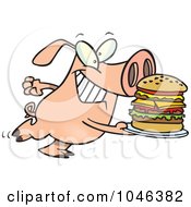 Poster, Art Print Of Cartoon Pig Carrying A Big Burger