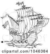 Poster, Art Print Of Cartoon Black And White Outline Design Of A Pirate Ship Shooting Cannons