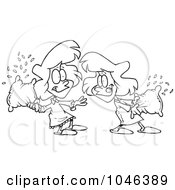 Royalty Free RF Clip Art Illustration Of A Cartoon Black And White Outline Design Of Girls Having A Pillow Fight by toonaday