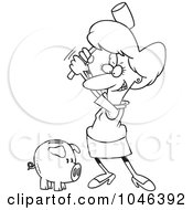 Poster, Art Print Of Cartoon Black And White Outline Design Of A Businesswoman Breaking A Piggy Bank
