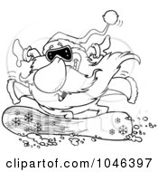 Royalty Free RF Clip Art Illustration Of A Cartoon Black And White Outline Design Of Santa Snowboarding by toonaday
