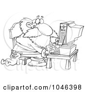 Poster, Art Print Of Cartoon Black And White Outline Design Of Santa Using A Computer