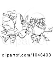 Royalty Free RF Clip Art Illustration Of A Cartoon Black And White Outline Design Of Santa Walking With A Donkey
