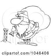 Poster, Art Print Of Cartoon Black And White Outline Design Of Santa Inspecting A Tiny Chimney