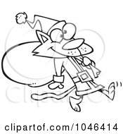 Royalty Free RF Clip Art Illustration Of A Cartoon Black And White Outline Design Of A Santa Cat Carrying A Sack