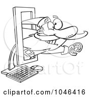 Royalty Free RF Clip Art Illustration Of A Cartoon Black And White Outline Design Of Santa Holding An Email Symbol In A Computer