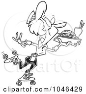 Royalty Free RF Clip Art Illustration Of A Cartoon Black And White Outline Design Of A Skating Car Hop Waitress by toonaday