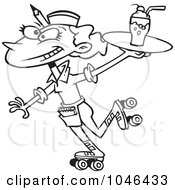 Poster, Art Print Of Cartoon Black And White Outline Design Of A Car Hop Waitress On Skates