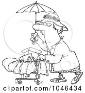 Royalty Free RF Clip Art Illustration Of A Cartoon Black And White Outline Design Of A Homeless Lady Pushing A Cart